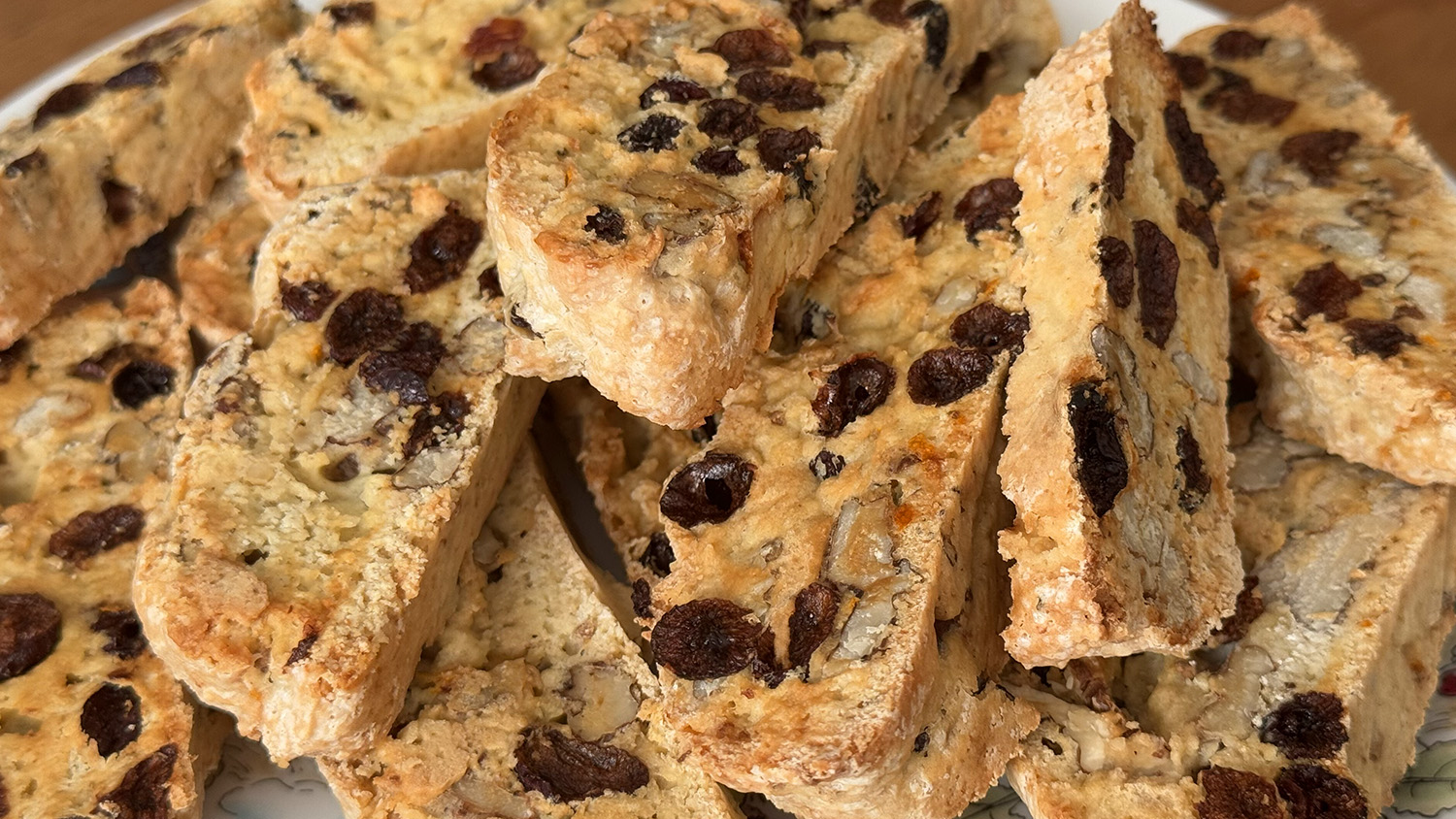 Biscotti with walnuts, raisins, cardamon, and orange zest.